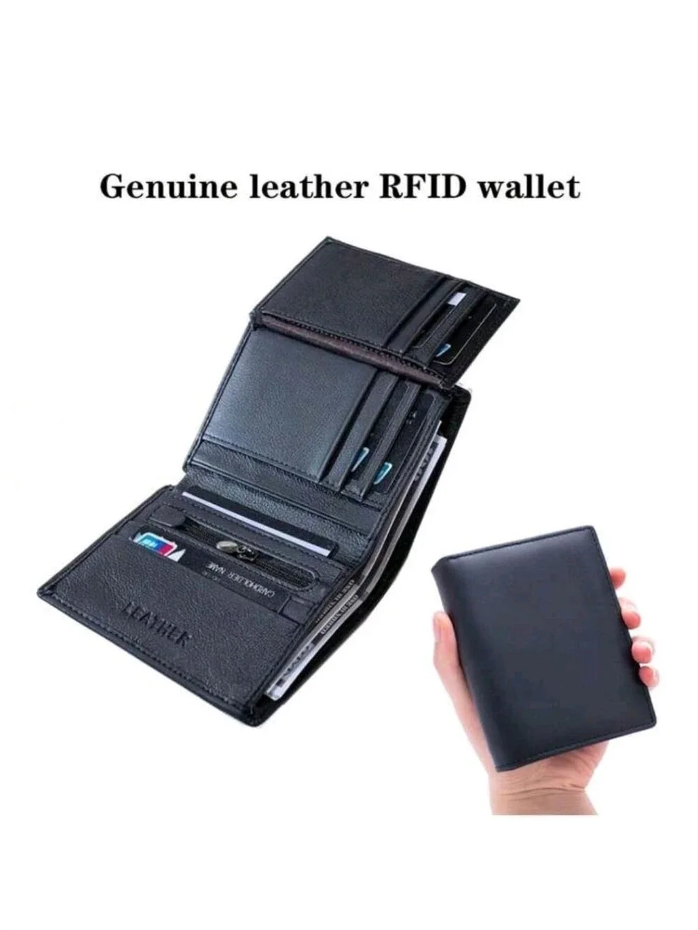 Men's Solid Color Genuine Leather Trifold RFID Blocking Zipper Coin Purse,